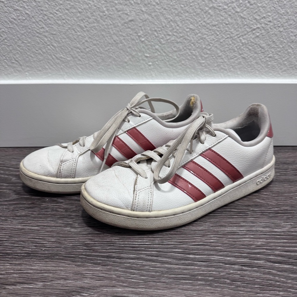 Adidas White Sneakers w/Pink Stripes